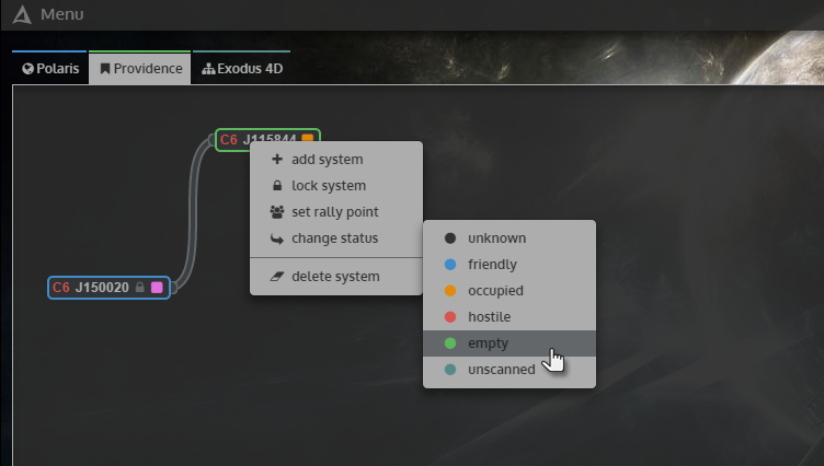 System menu: status, rally point, lock
