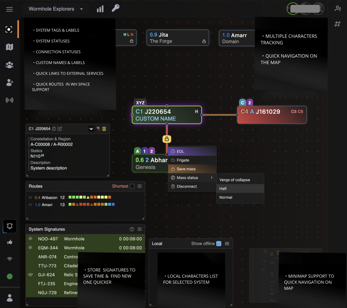 The map: tags, statuses, routes, signatures, local and minimap
