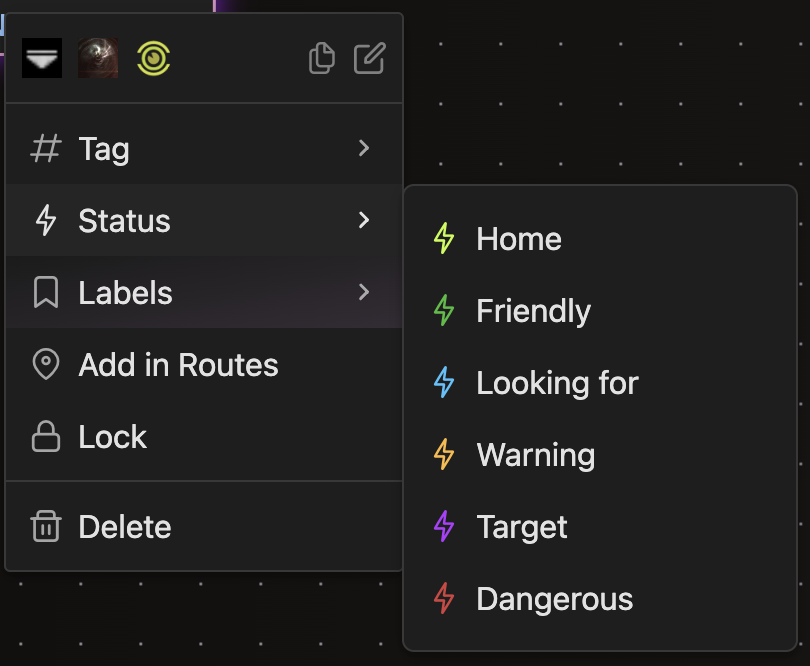 System statuses: home, friendly, target, dangerous